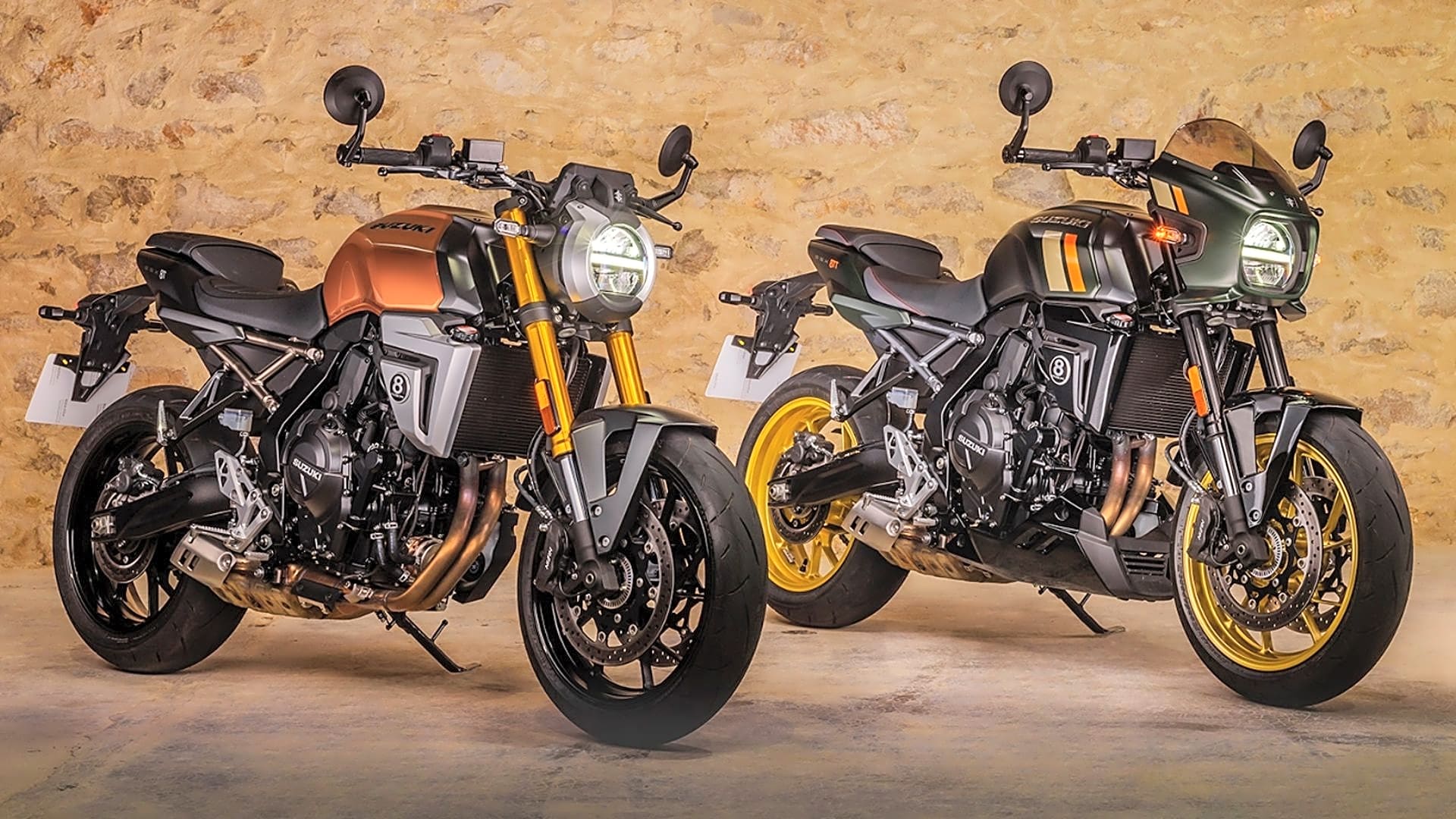 Neue Neoklassiker im Hause Suzuki - übrigens das erste Mal mit Lenkerendenspiegeln: GSX-8T (li.) und GSX-8TT.