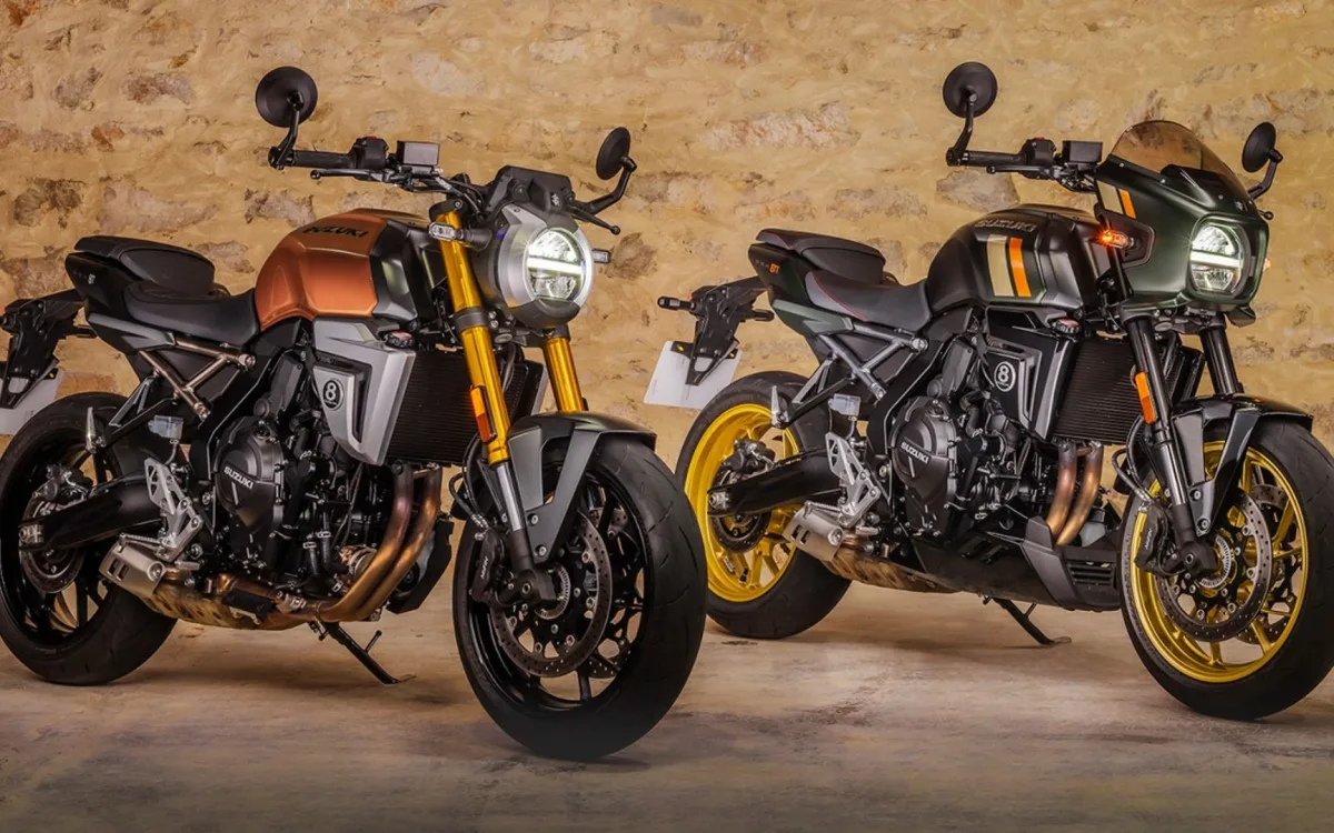Neue Neoklassiker im Hause Suzuki - übrigens das erste Mal mit Lenkerendenspiegeln: GSX-8T (li.) und GSX-8TT.