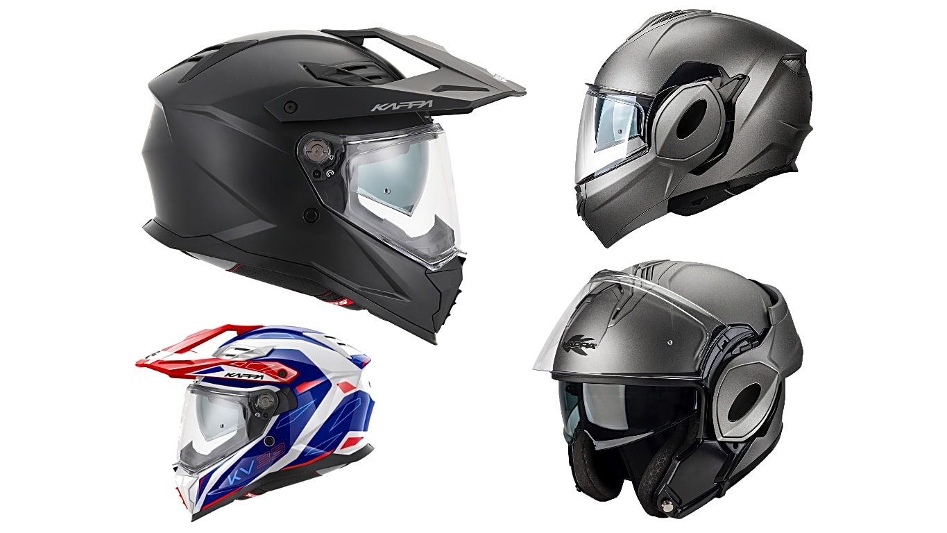 Den Adventure-Helm KV33 (linke Seite) gibt es in Schwarz und mehreren Farbkombis, der Klapphelm KV55 (re.) darf dank Doppelhomologiation offen und geschlossen gefahren werden.