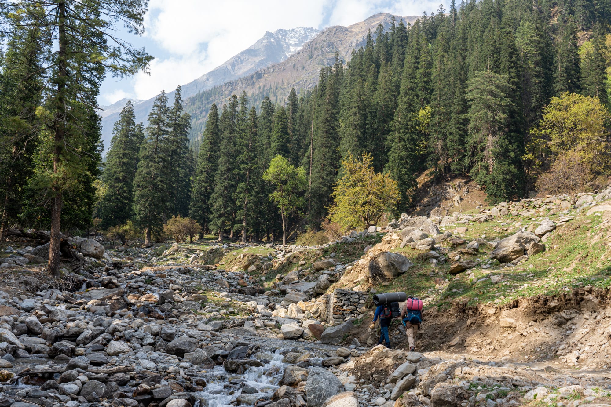 2 people crossing a small river stream in a forest with mountain in background