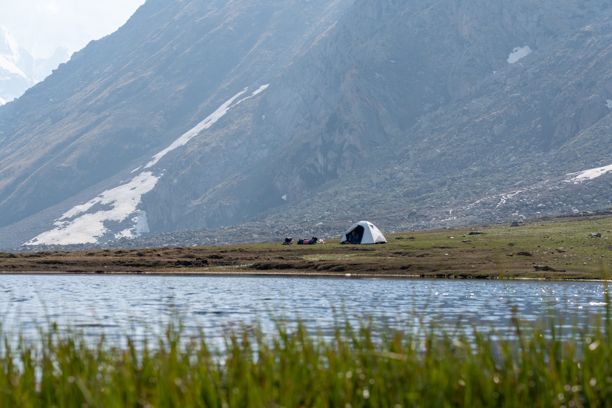 Camping at Kara lake with grass in foreground