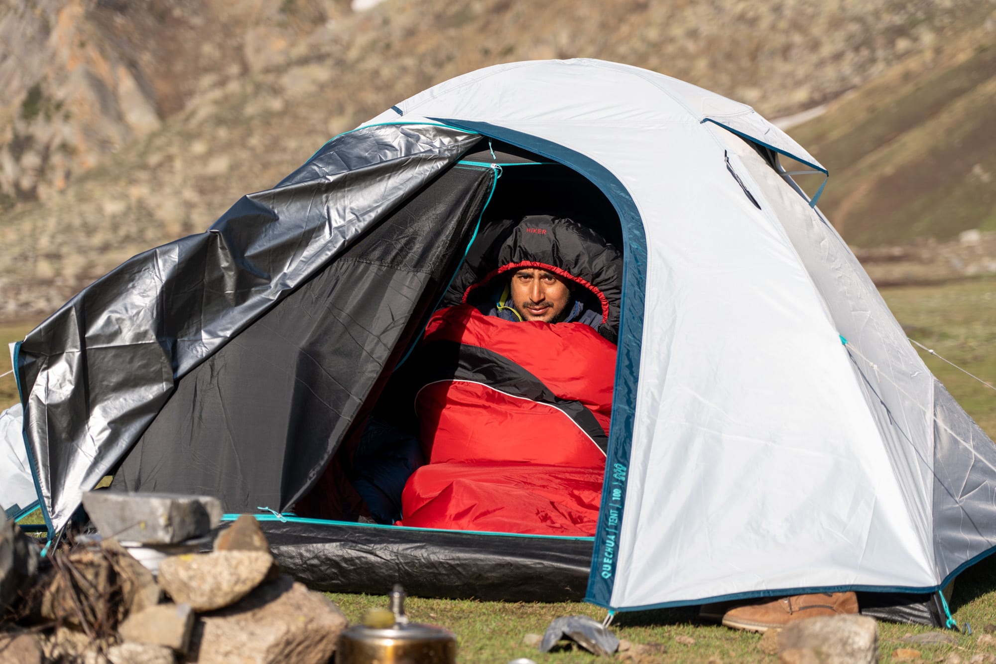 Person in a tent in his sleeping bag