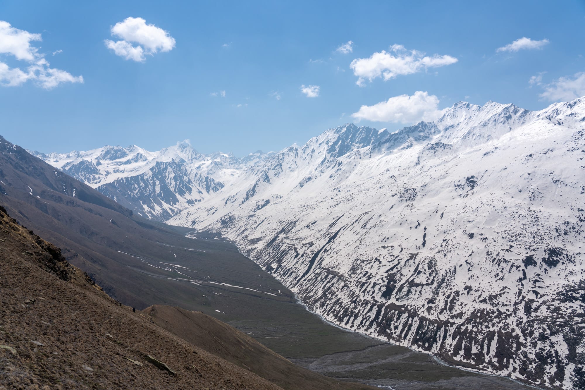 Bhaba valley, on one side mountains with snow on the other side mountains with grass