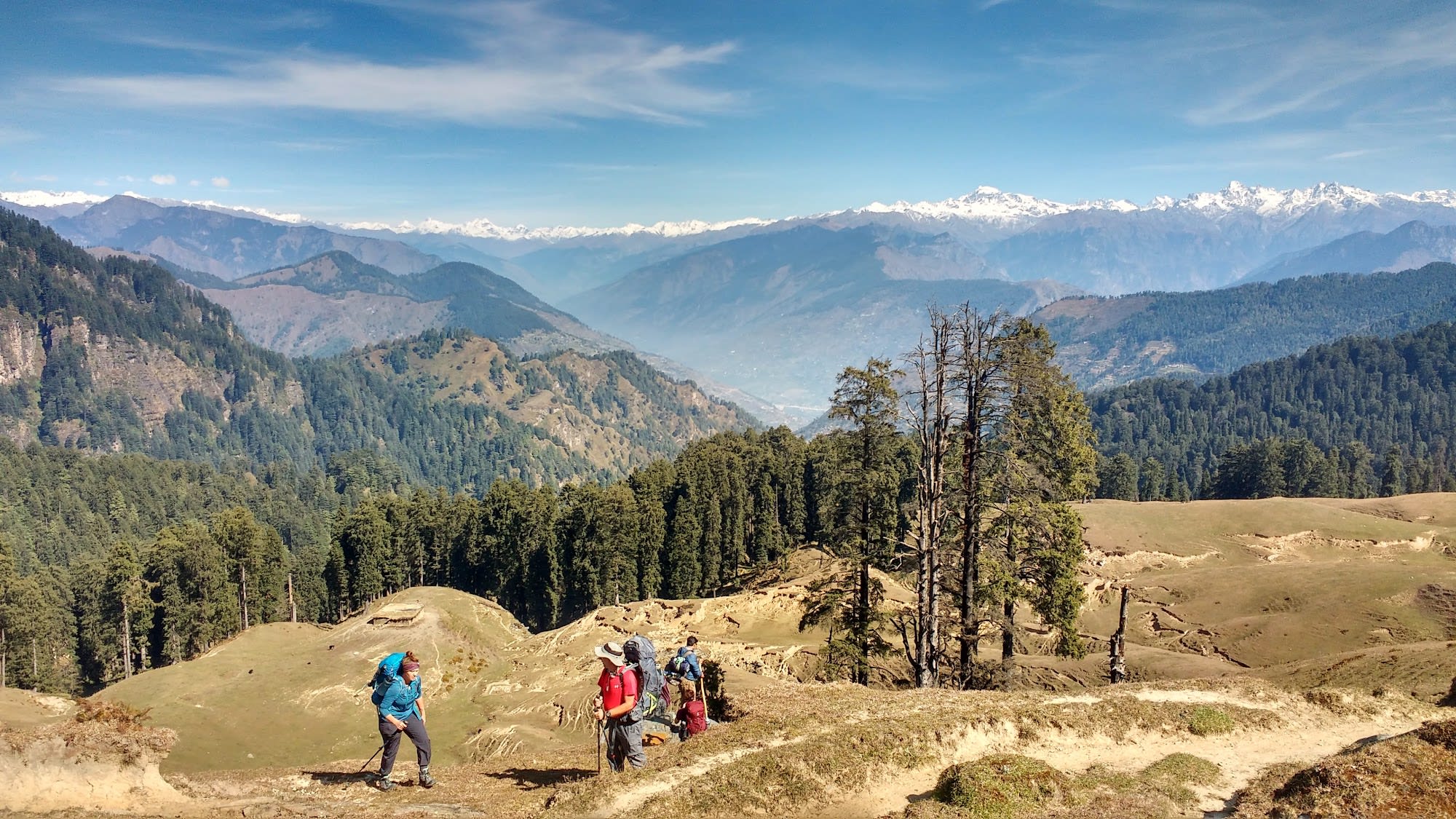 A group o people hiking in the Himalayan mountains