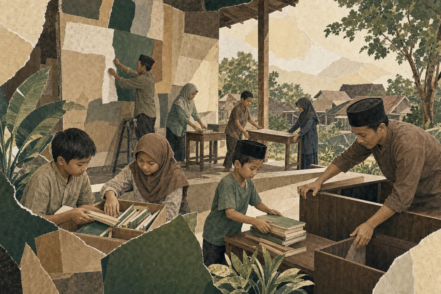 Kolase editorial warga dan anak-anak menata buku, meja, dan ruang belajar secara bersama-sama.