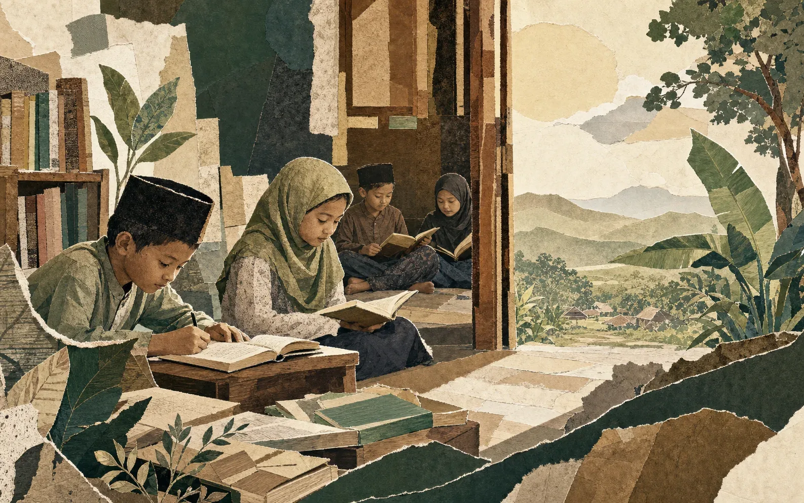 Kolase editorial anak-anak belajar bersama di ruang madrasah yang terbuka menuju bentang alam.