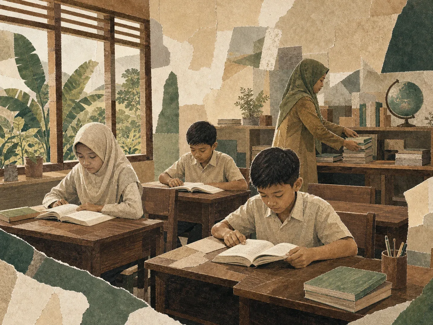 Kolase editorial ruang kelas dengan meja kayu, buku, pelajar, dan pendidik yang menata bahan belajar.