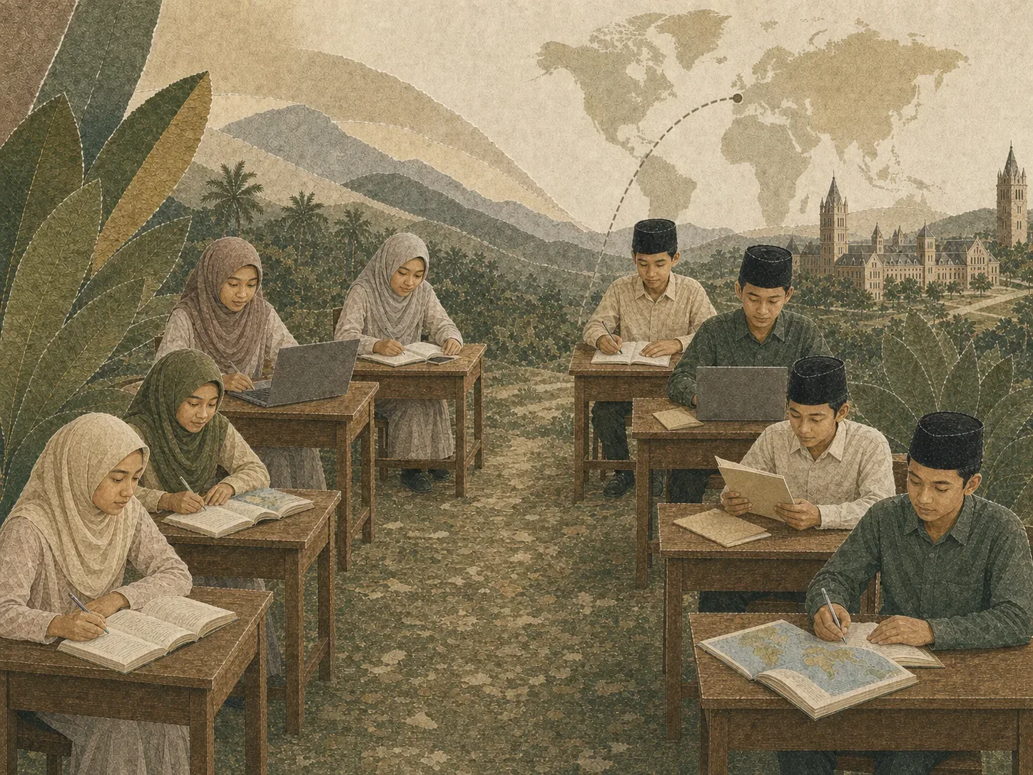 Kolase editorial siswi berhijab dan siswa berpeci belajar di meja masing-masing dengan atlas, buku, dan laptop menuju akses pendidikan luar negeri.