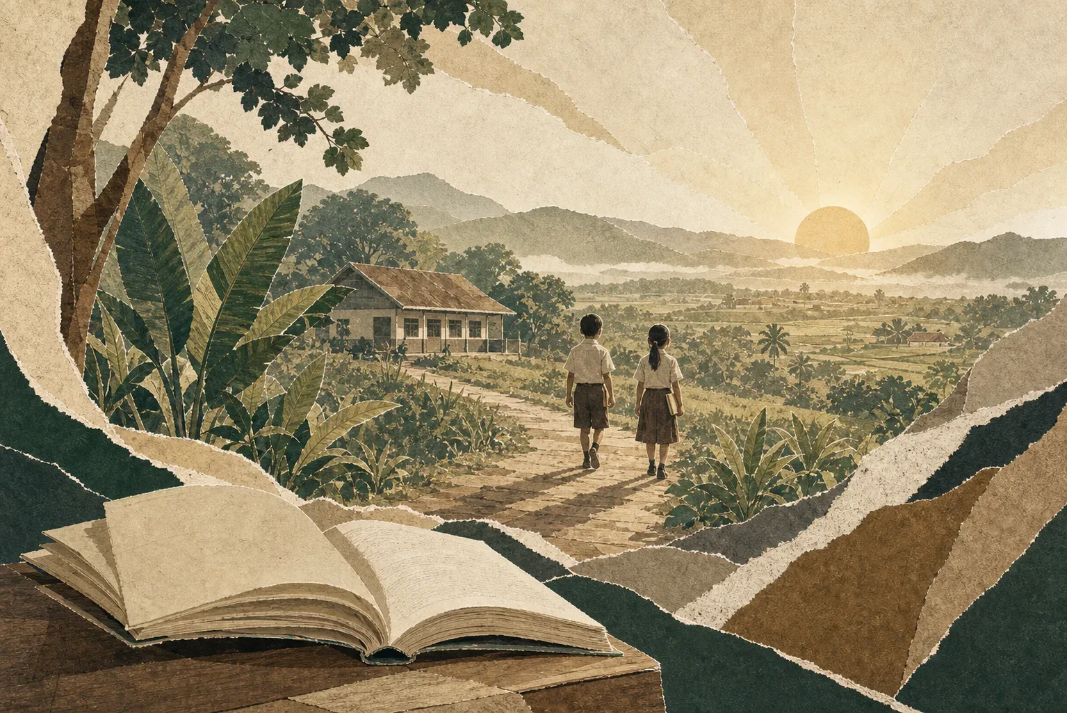 Kolase editorial buku terbuka yang berubah menjadi jalan menuju sekolah dan matahari terbit.