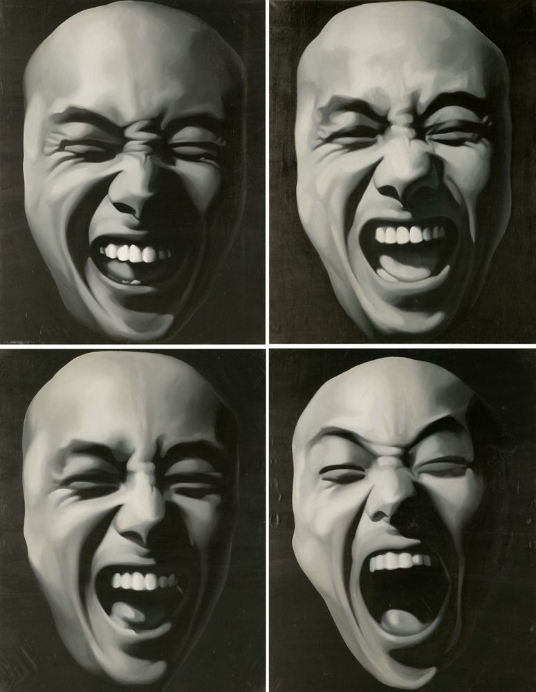 Oil painting on canvas, split into quadrants by a white cross. Each quadrant depicts a different monochrome portrait of the same laughing man against a dark background.