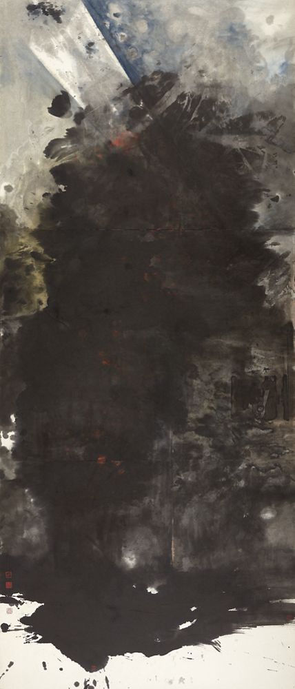 Ink painting on paper of a vertical shape of black, grey, and red brushstrokes bursting forward from a background of white, grey, and light blue. A beam of light seems to emanate from the top of the shape.