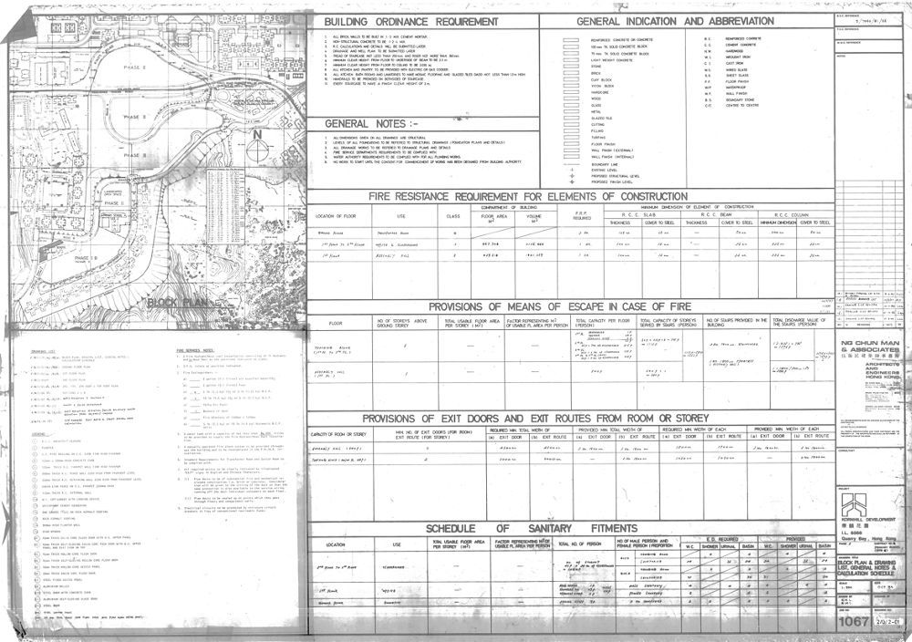 Block plan, drawing list, general notes and calculation schedule
