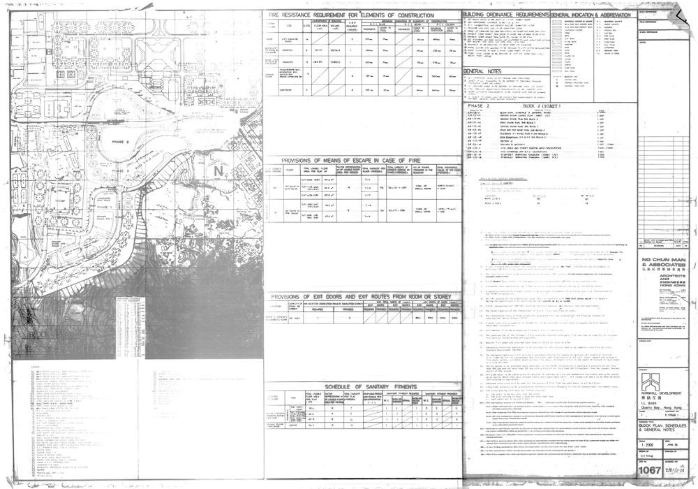 Block plan, schedules and general notes, Kornhill Blocks J(21) & (22