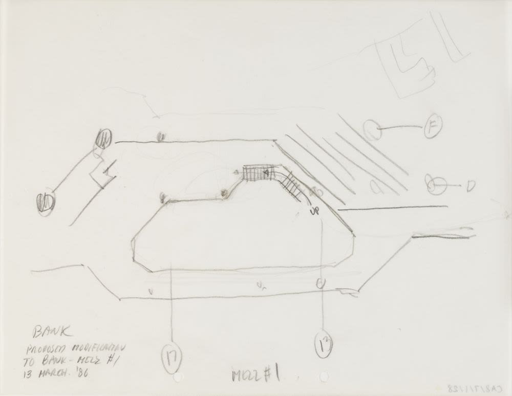 Sketch, layout plan, proposed modification to bank at mezzanine (scheme ...