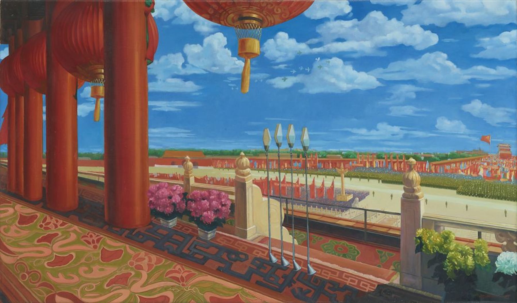Cérémonie de fondation, Yue Minjun, 1997, huile sur toile