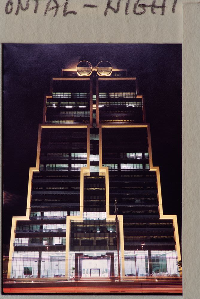 Slide, front elevation view (north side) at night, Bank of Asia ...