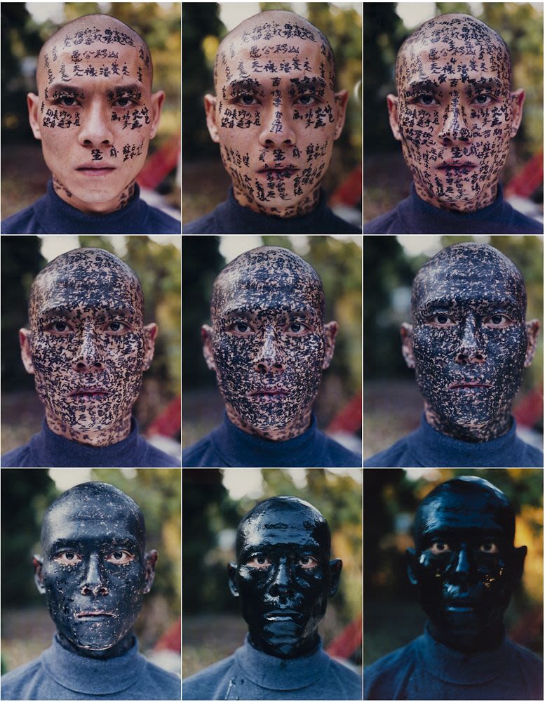 Chromogenic colour prints. A man with a shaved head stares at us with names and stories written on his face in black ink. In subsequent photos additional writing is added until his face is entirely black.