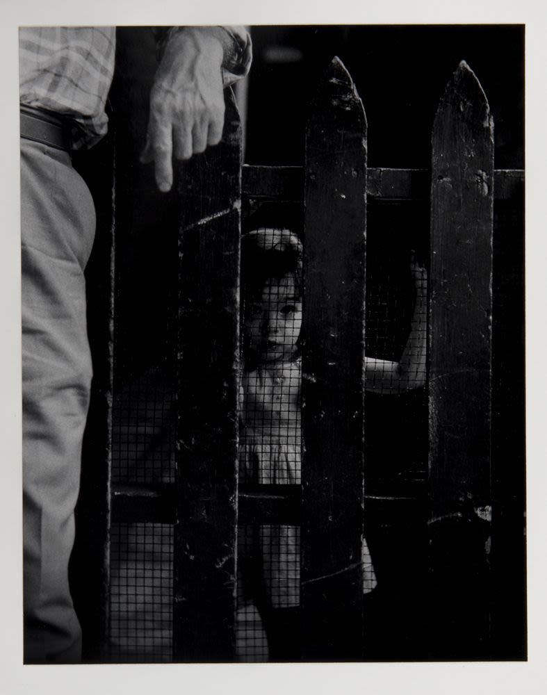 Little girl looking through fence by which a man is standing