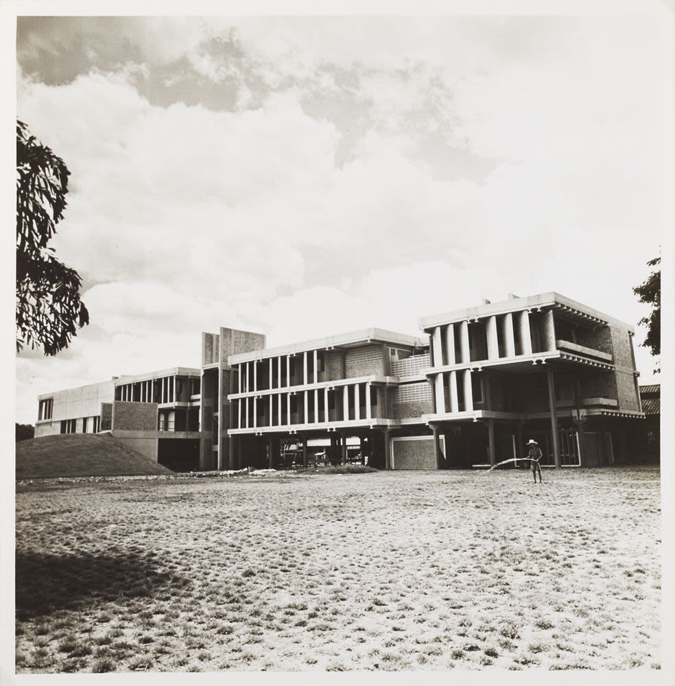 Photograph, exterior perspective during latter stage of construction ...