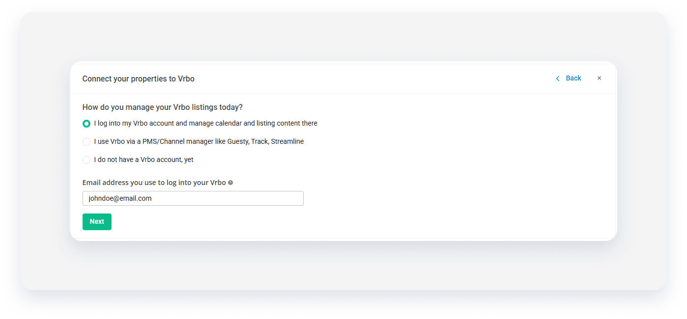 Vrbo connecting first account method selection