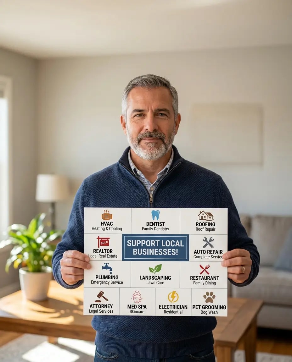 Local business owner holding a large shared direct-mail advertising card