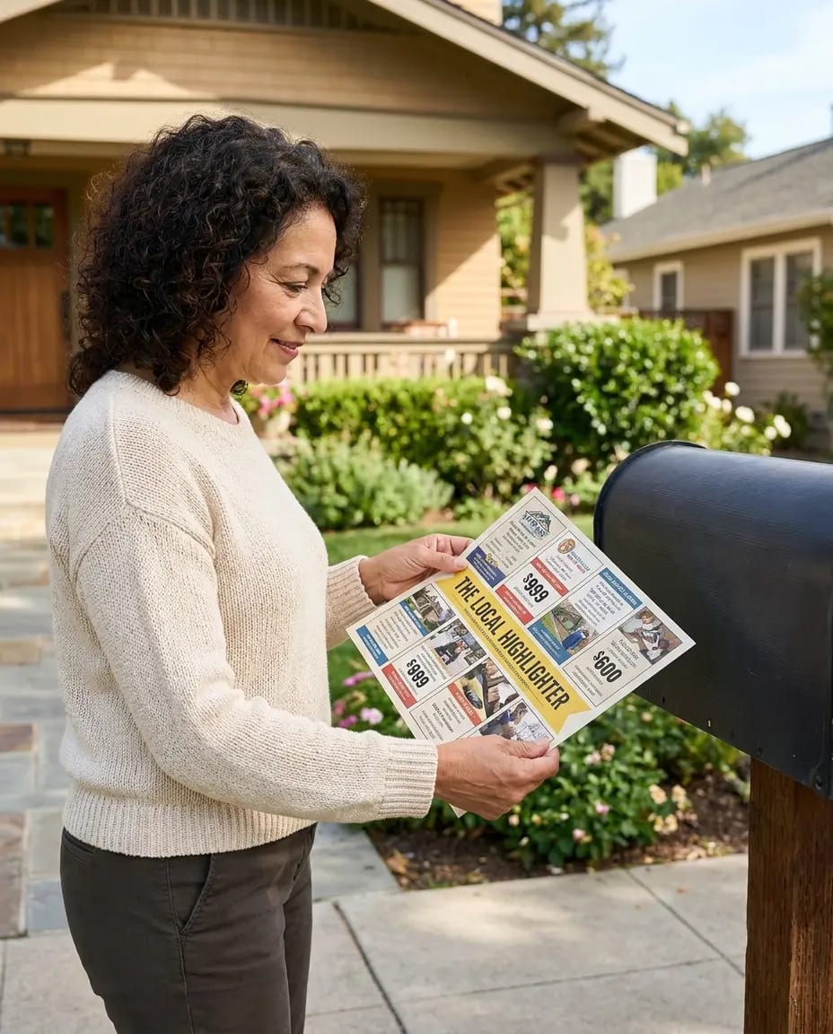 Homeowner reviewing a large shared local-business direct-mail card near a residential mailbox