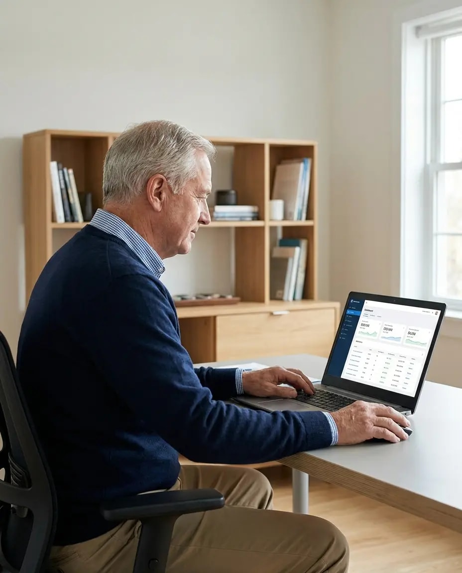 Local business owner reviewing campaign information on a laptop