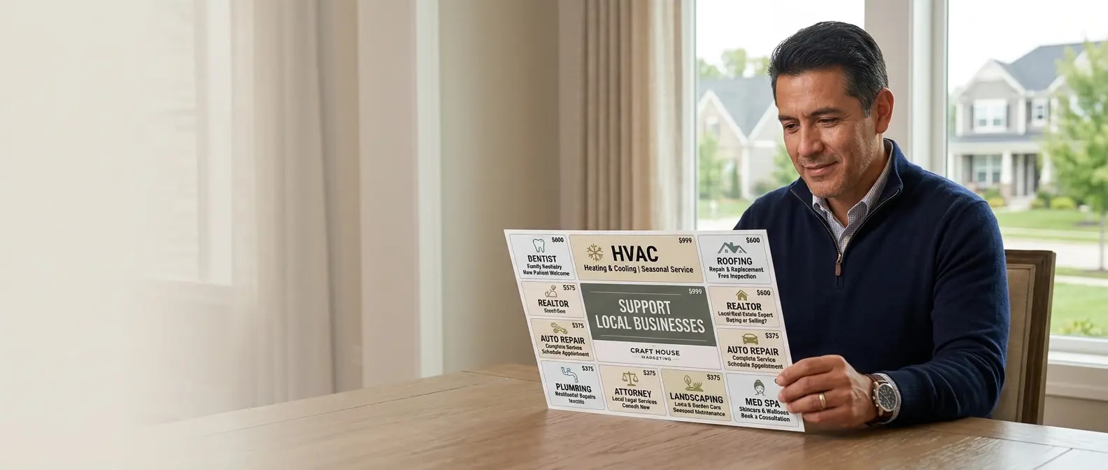 Local business owner holding a large shared direct-mail advertising card