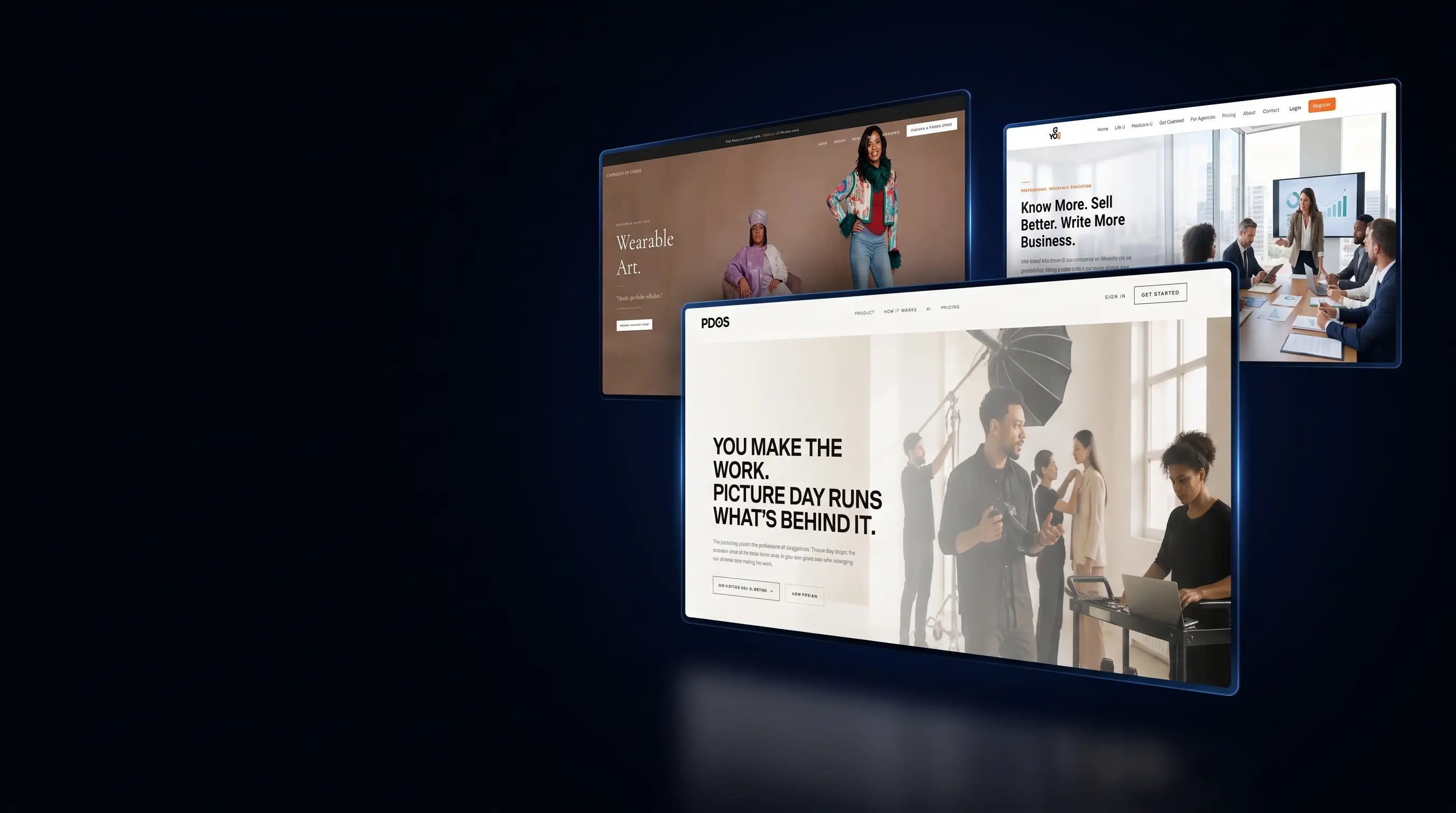 Craft House client websites — Picture Day OS, Capriccio By Denise and GoYou — shown as floating screens