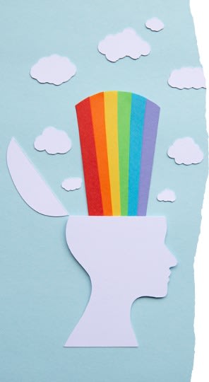 paper cut out of head with rainbow colours coming out of the brain