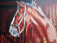 Painting if a bay horse looking left
