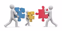 Graphic showing three converging figures each carrying a coloured jigsaw piece 