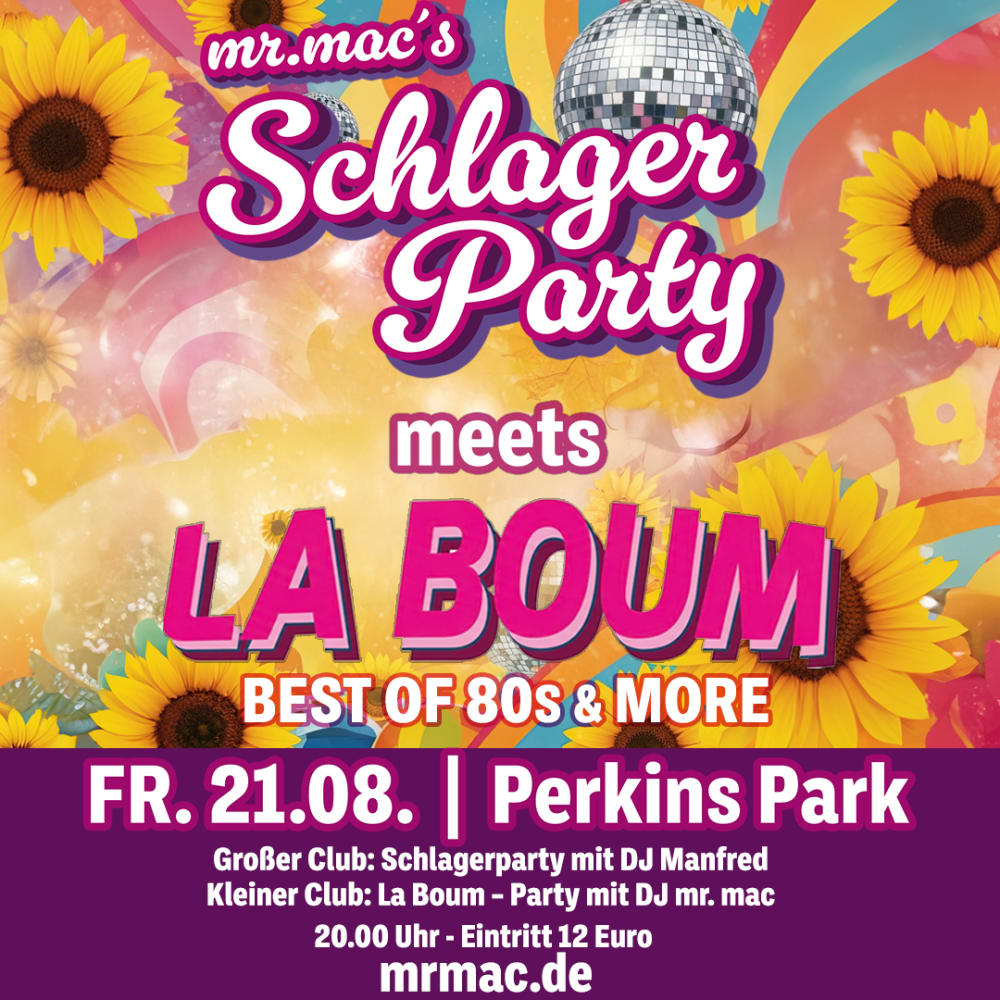Flyer für die mr. mac’s Schlagerparty in Stuttgart am 21.08 im Perkins Park Stuttgart