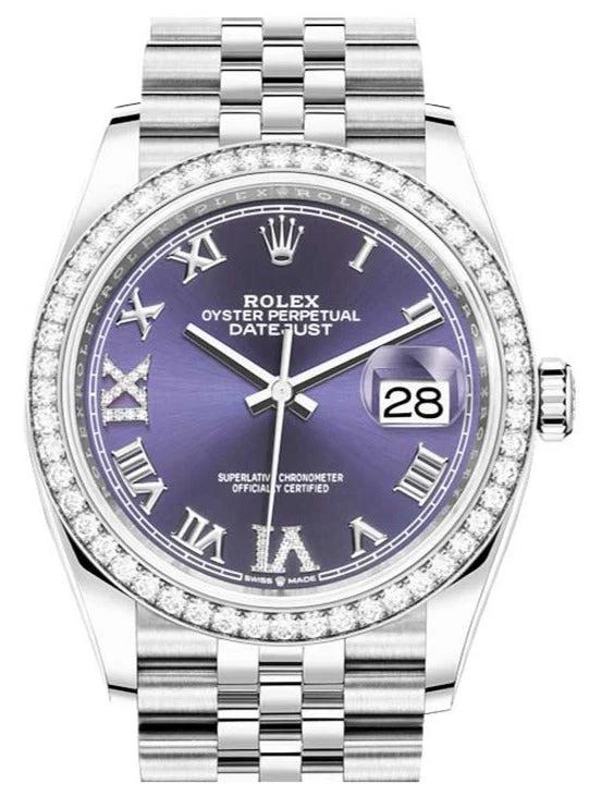 Rolex Steel Datejust 36 Watch Diamond Bezel Aubergine Purple Diamond Roman Vi And Ix Dial Jubilee Bracelet Reference 126284rbr 457805