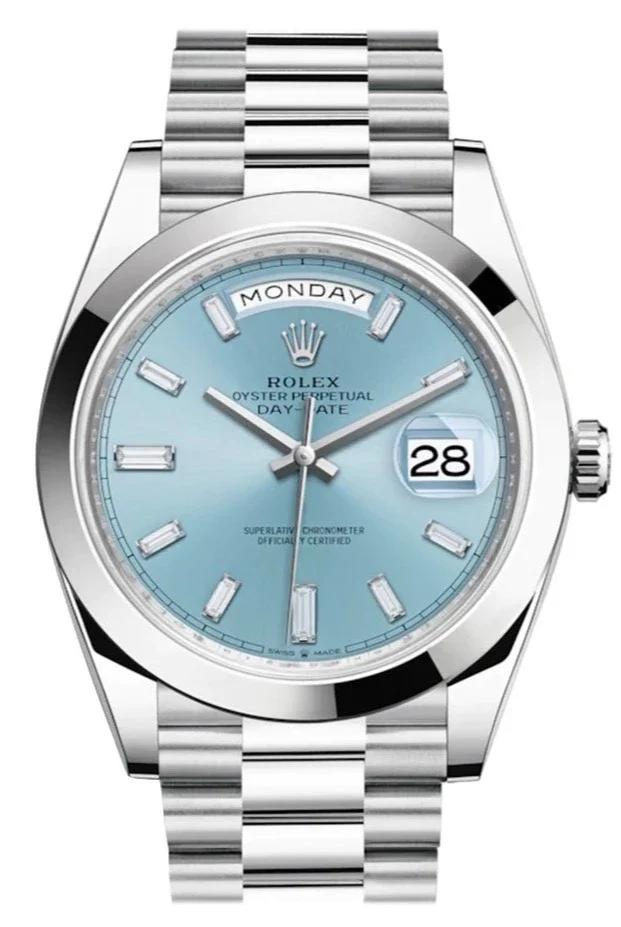 Rolex Day Date 40 Ice Blue Baguette Diamond Dial Dial Dome Bezel Platinum President Automatic Mens Watch Reference 228206 874110