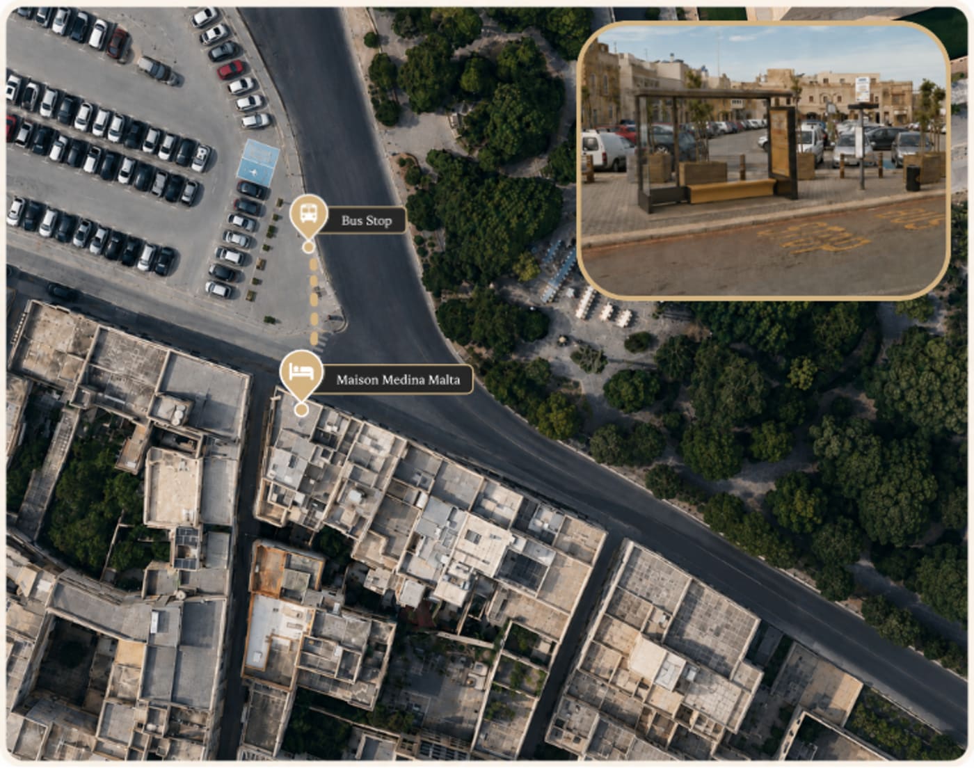 Map showing the short walk from Bus Stop Rabat 4 to Maison Medina Malta