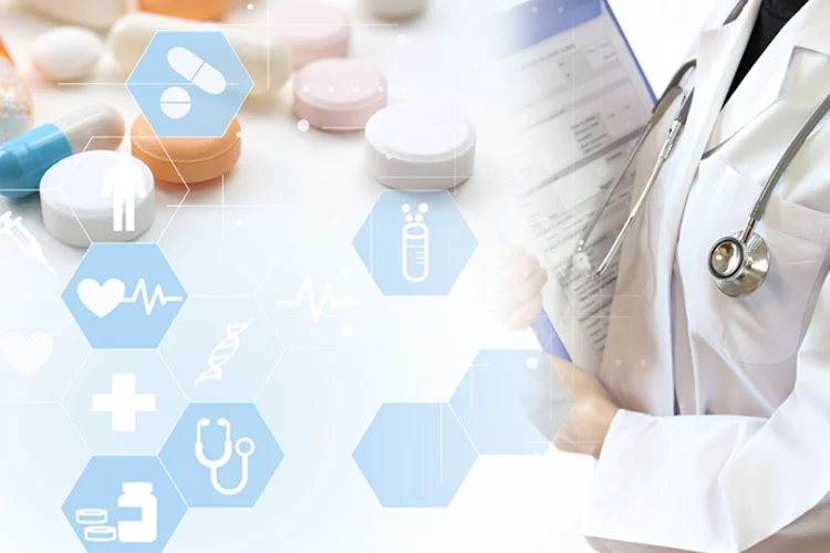 Composição com um médico à esquerda, e fármacos e simbolos à direita