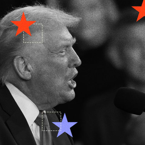 A photo illustration featuring Donald Trump with red and blue stars overlayed.