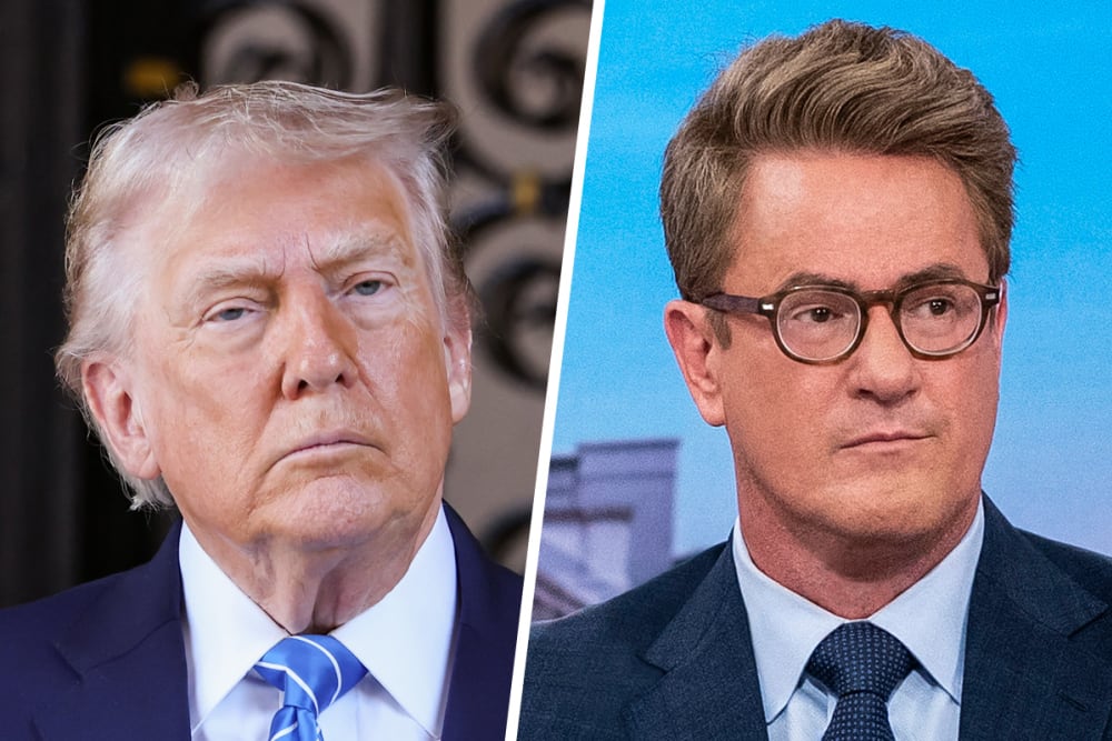 This is a split image of President Trump on the left and MS NOW's Joe Scarborough on the right.