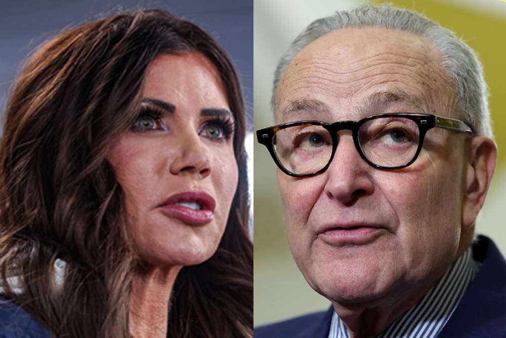 A split image shows Kristi Noem on the left and Chuck Schumer on the right.