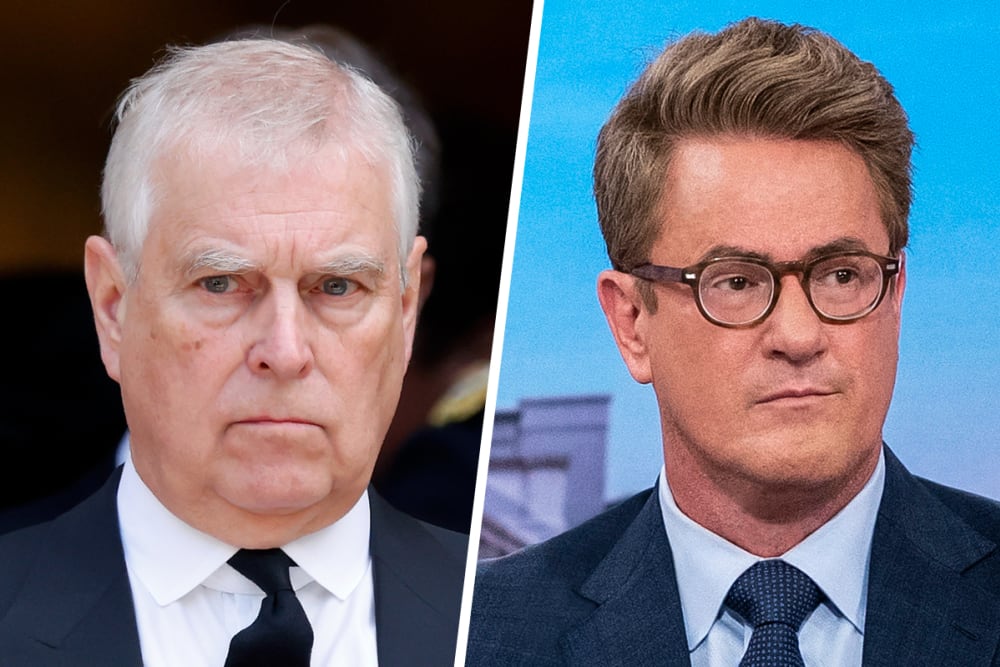 This split images shows former Prince Andrew at left and MS NOW's Scarborough at right..