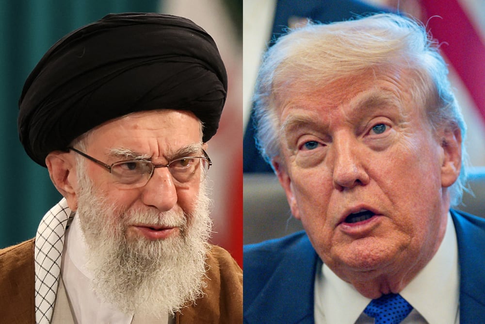 This split image shows Khamenei at left and Trump at right.