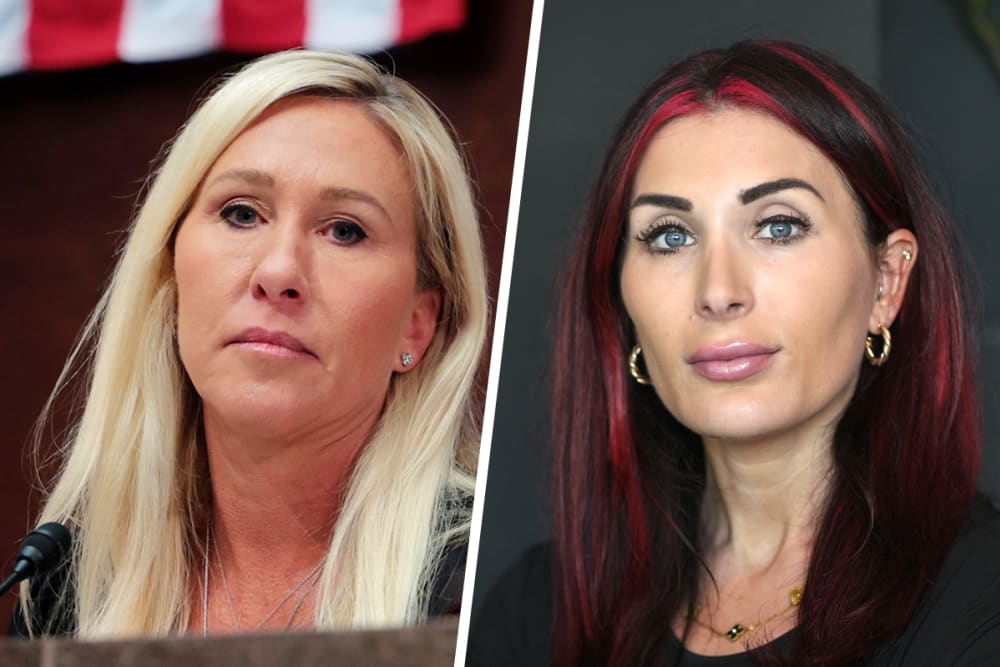 This split images shows Marjorie Taylor Greene on the left and Laura Loomer on the right.