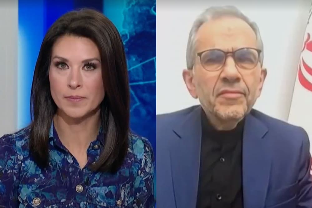 This split image shows MS NOW's Ana Cabrera on the left and Iranian Deputy Foreign Minister Majid Takht-Ravanchi on the right.