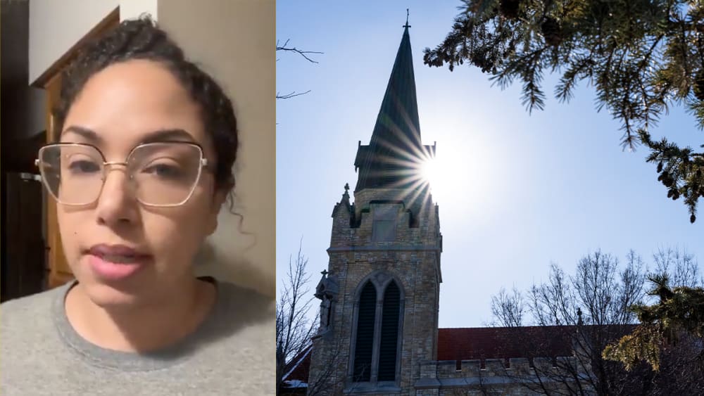 A screengrab of Georgia Fort from a video she posted on Facebook; the sun peeking out from behind the spire of Cities Church.