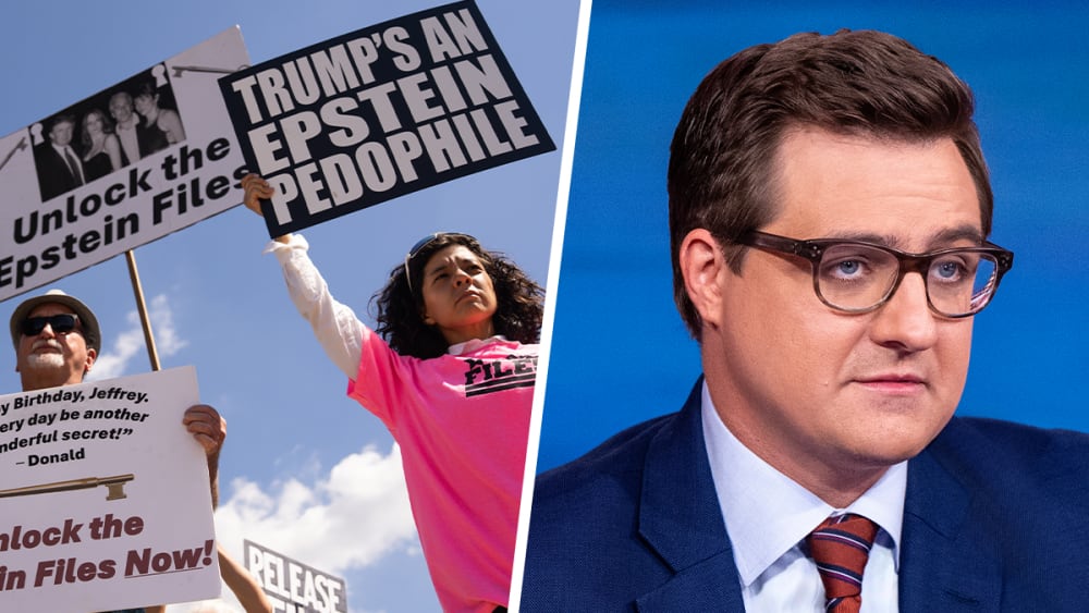 A split photo. On the left, protestors hold signs against Trump and for releasing the Epstein files. On the right, Chris Hayes.