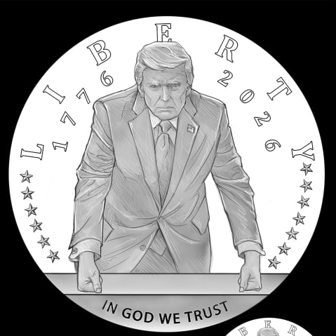 An illustrative rendering of an obverse and reverse of a coin. The obverse shows Donald Trump leaning over a desk. The reserve shows a bald eagle lifting its wings atop the Liberty Bell.