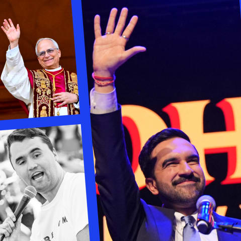 Images of Pope Leo XIV, Zohran Mamdani, a t-shirt from Camp Mystic in Texas, a protestor with a Donald Trump mask, and Charlie Kirk