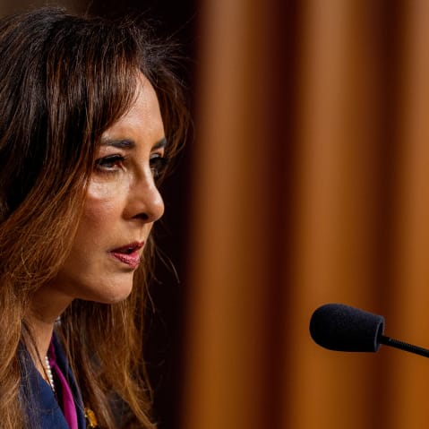 Harmeet Dhillon speaks during a news conference.