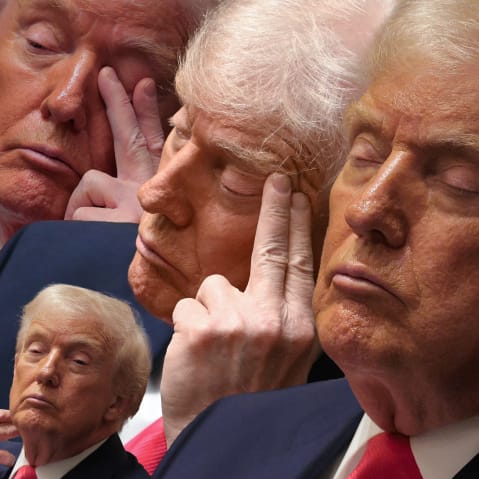 A collage of President Trump nearly falling asleep during his cabinet meeting on Dec. 2, 2025. It combines 5 separate photos.